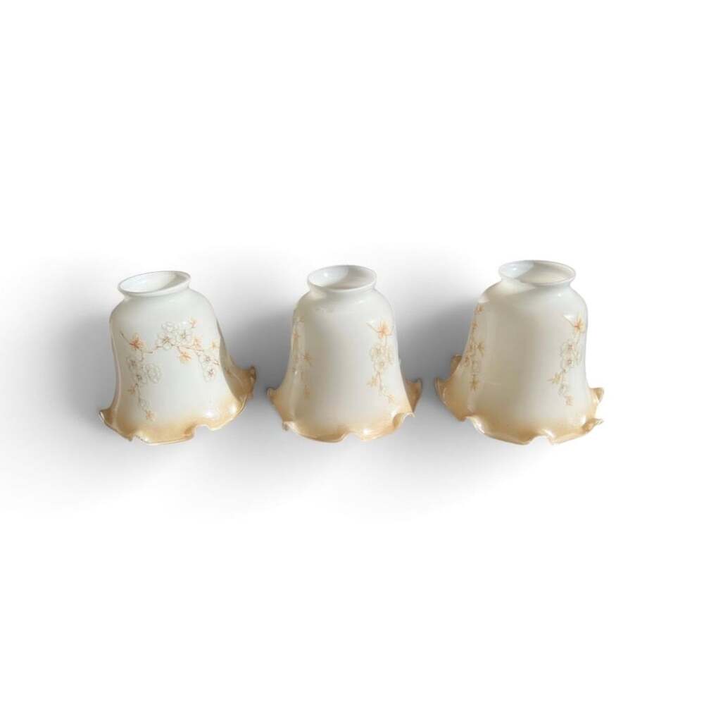Vintage Frosted Milk Glass Lamp Shades Set of 3 Floral Ruffled Bell